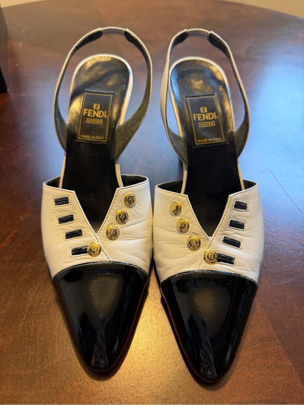Vintage/Y2K Fendi Black & White Leather Slingback Heels, Gold Buttons